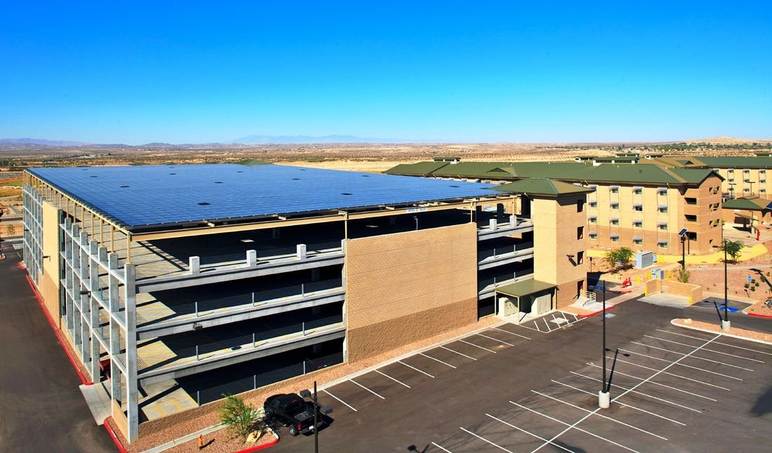 Twentynine Palms Marine Corps parking structure with rooftop solar array